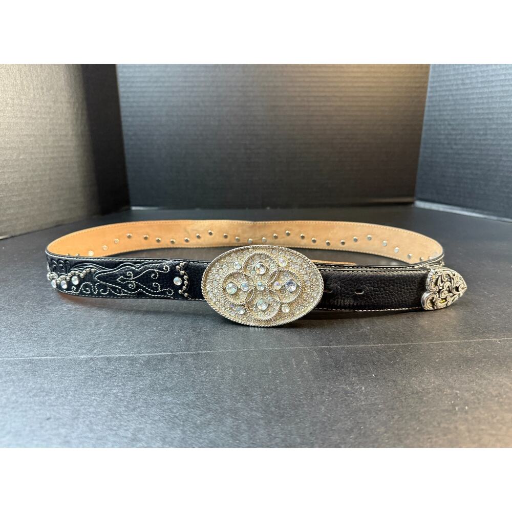 Tony Lama Black Leather Rhinestone Belt Size 38 C50493